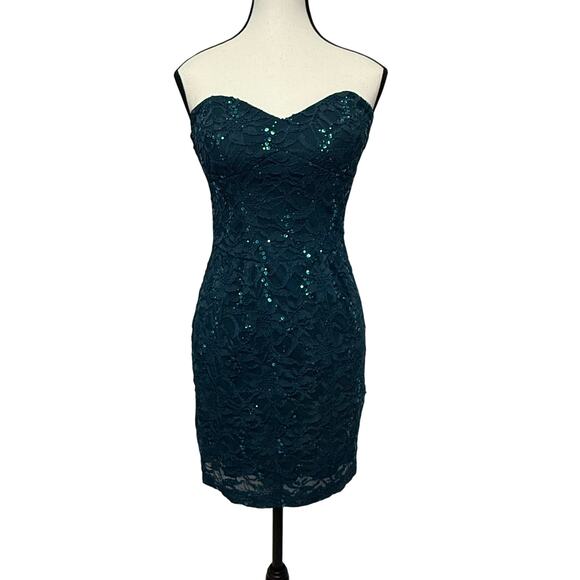 B. Darlin Teal Strapless Lace Sequin Bodycon Dress Size 7/8 - Picture 1 of 13